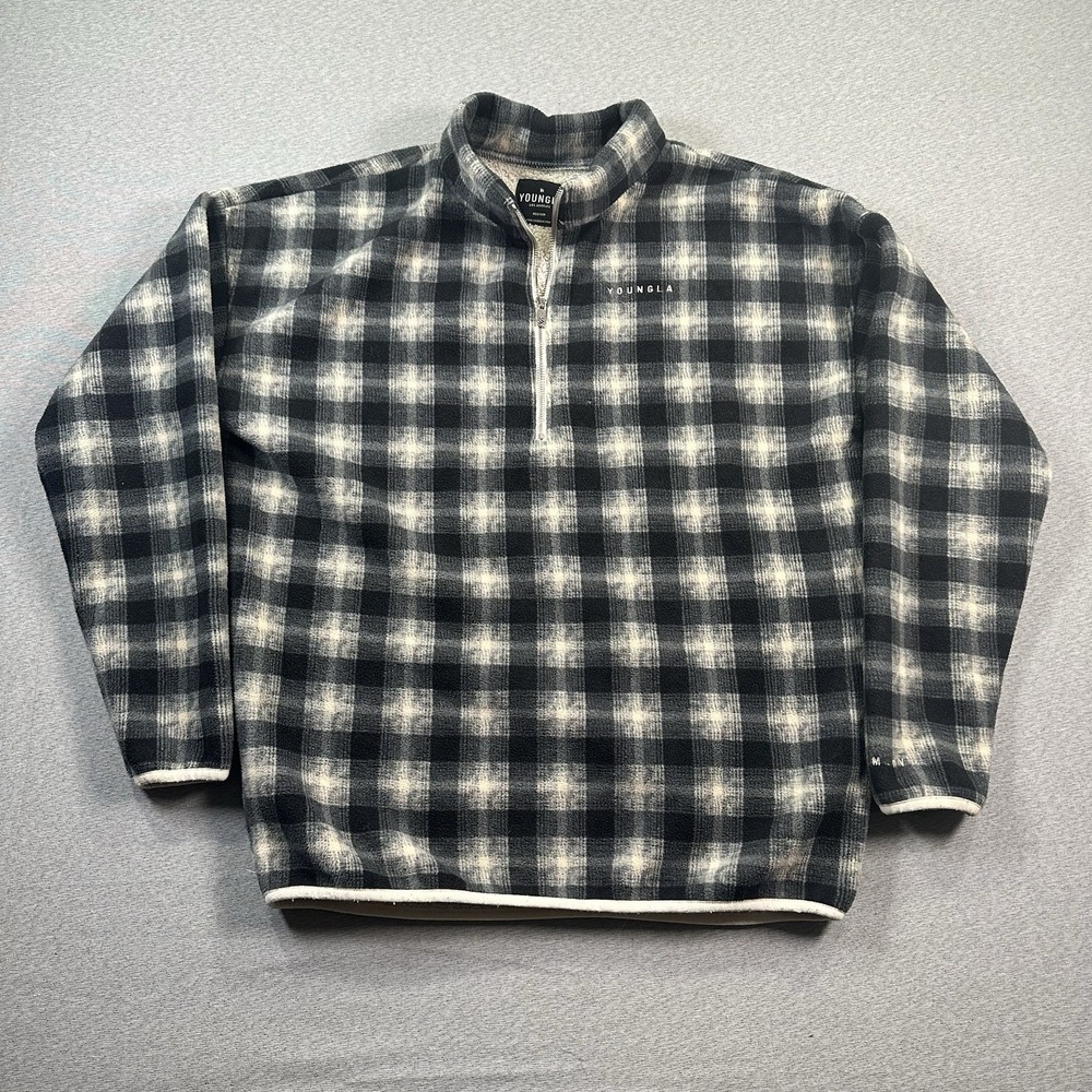 YoungLA Sherpa Lined Sweater Mens‎ Medium Black Plaid 1/4 Zip Long Sleeve Fleece